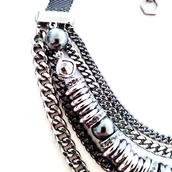 Stainless Steel Multi Chain, Ring & Bead 16-19" Necklace ~ Varied Silver Tones! - Picture 6 of 14